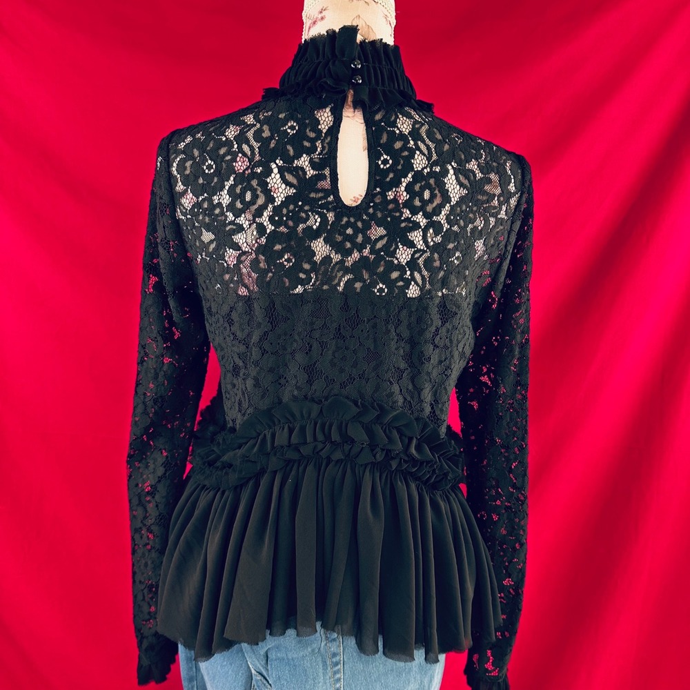 TUCKERNUCK Black Lace Ruffle Peplum Myla Top Mock Neck Long Sleeve Blouse XS - Picture 3 of 17